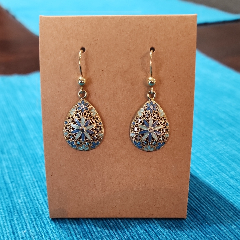 Elegant Gold Filigree, Blue And Teal  Teardrop Earrings